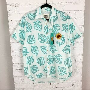 Cakeworthy Animal Crossing Tom Nook Leaf Print Blue Button Down Front Shirt L
